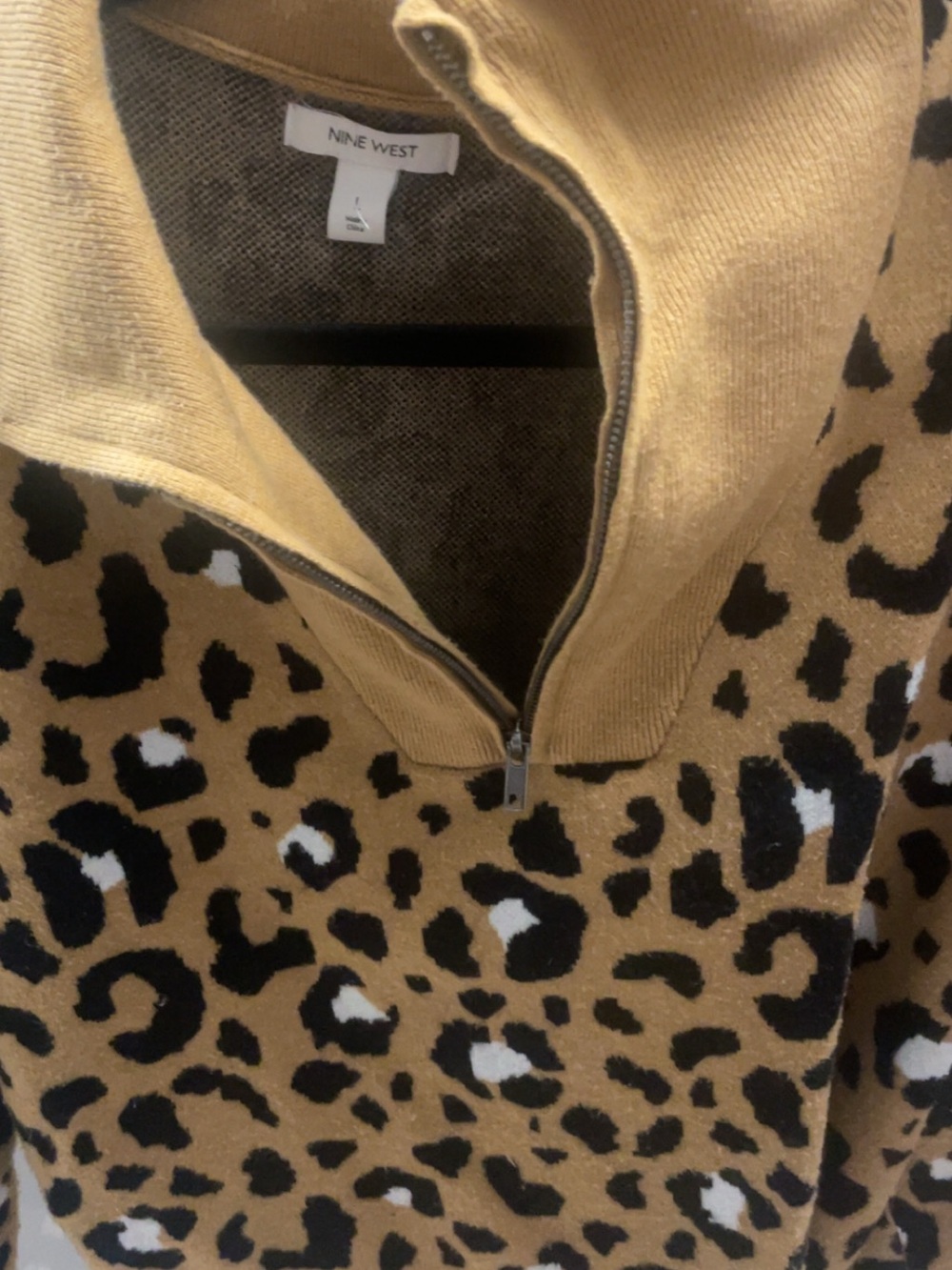 Nine West Mustard and Black Leopard Half-Zip Sweater - Picture 2 of 3